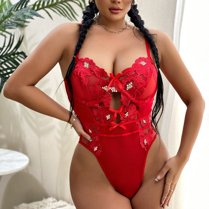 Women Lace Mesh Embroidered Bodysuit Sexy One-piece Lingerie