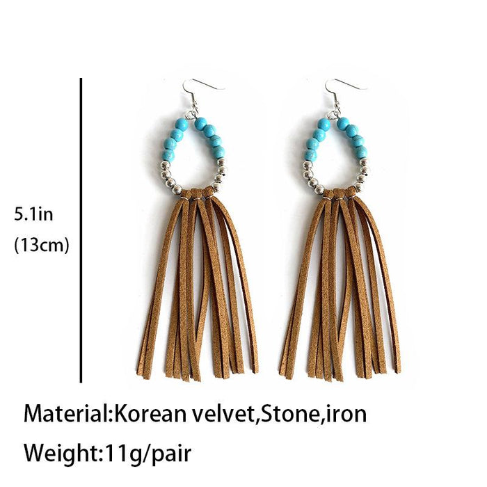 Western Style Pine Stone Bead Leather Large Long Earrings