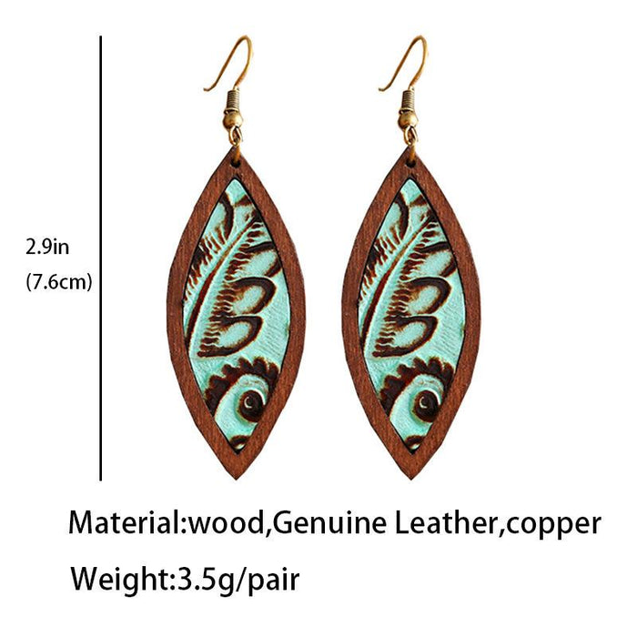 Vintage Leather Embossed Classic Wooden Women's Earrings