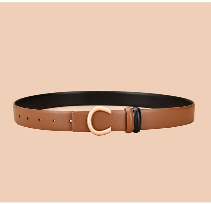 Women's leather belt can be worn on both sides with inner buckle and simple thin belt