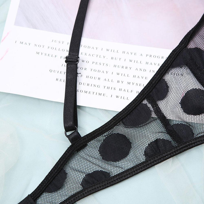 Sexy Mesh Lingerie Fashion Dot Underwear Three-piece Set
