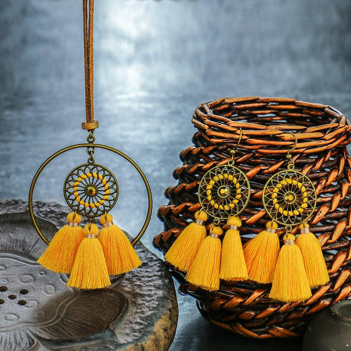 Bohemian Necklace Earring Set Handmade Tassel Hollowed Out Pendant