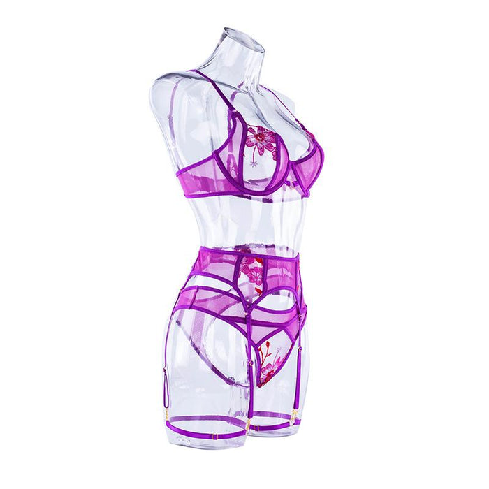 Sexy Underwire Lingerie Embroidered Mesh Underwear Set