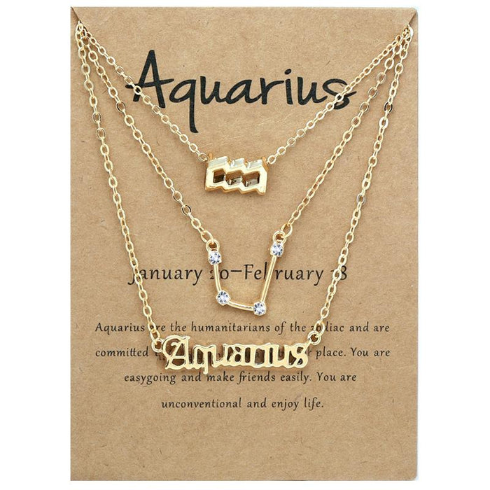 Twelve Constellations Retro Alphabet Symbol Diamond Set Three Piece Necklace
