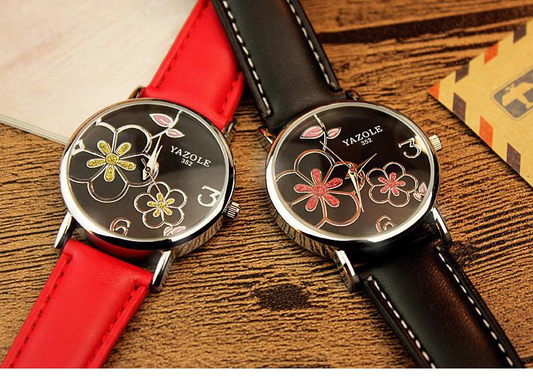 Women Watches Yazole Fashion Leather OL Style Plum Ladies Flower Quartz Watch