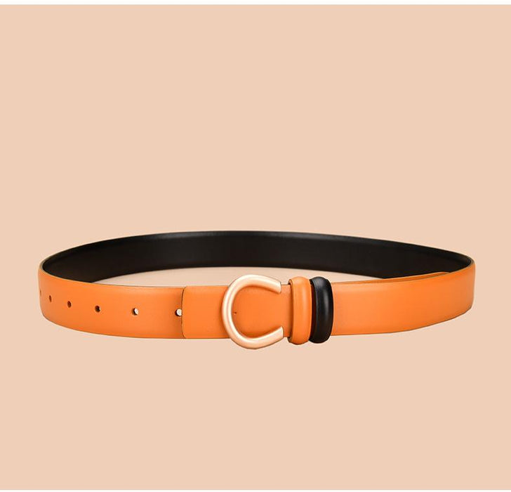 Women's leather belt can be worn on both sides with inner buckle and simple thin belt