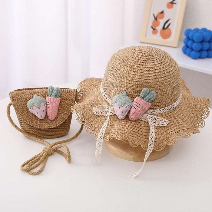 Cute Strawberry Radish Children's Wavy Straw Hat Bag Set