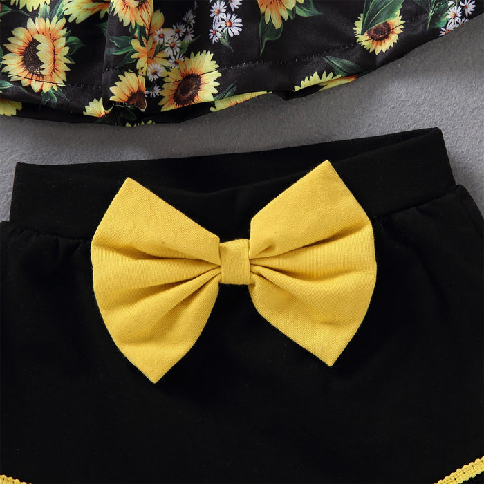 Drawstring suspender skirt top sunflower Print Shorts