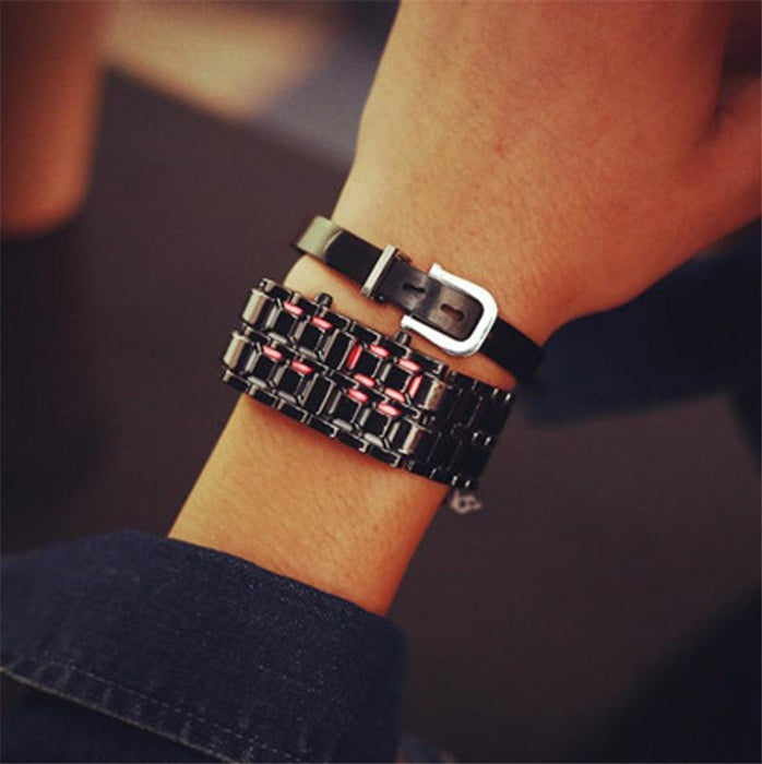 Men Women Lava Iron Samurai Metal LED Faceless Bracelet Watch