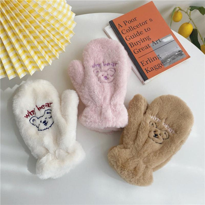 Bear Embroidery Soft Plush Gloves Women Winter Warm