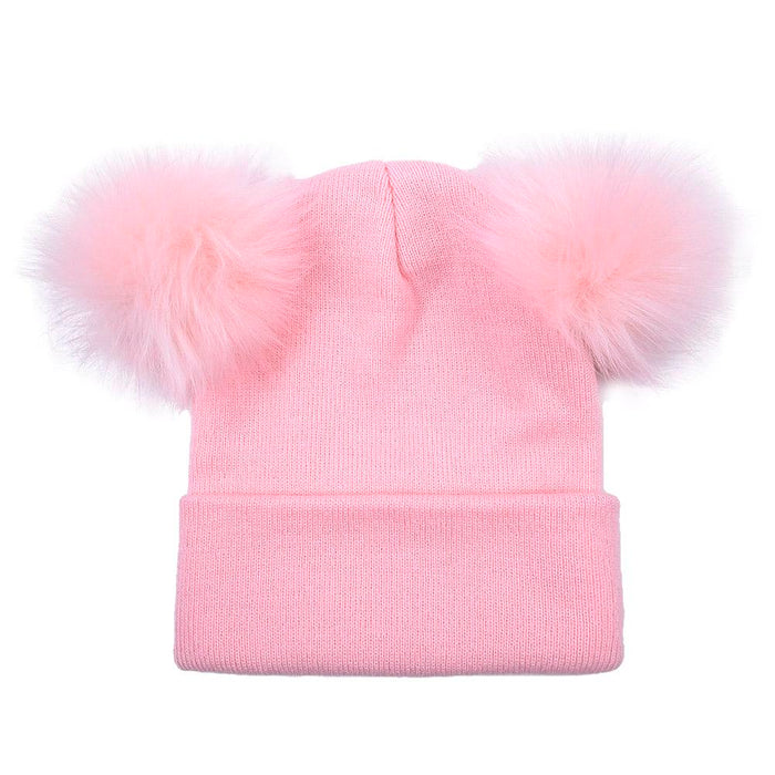 Solid Color Double Faux Fur Pom Pom Hat