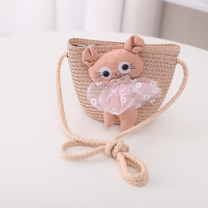 Summer Trendy Lace Cat Children's Grass Bucket Hat Bag Set