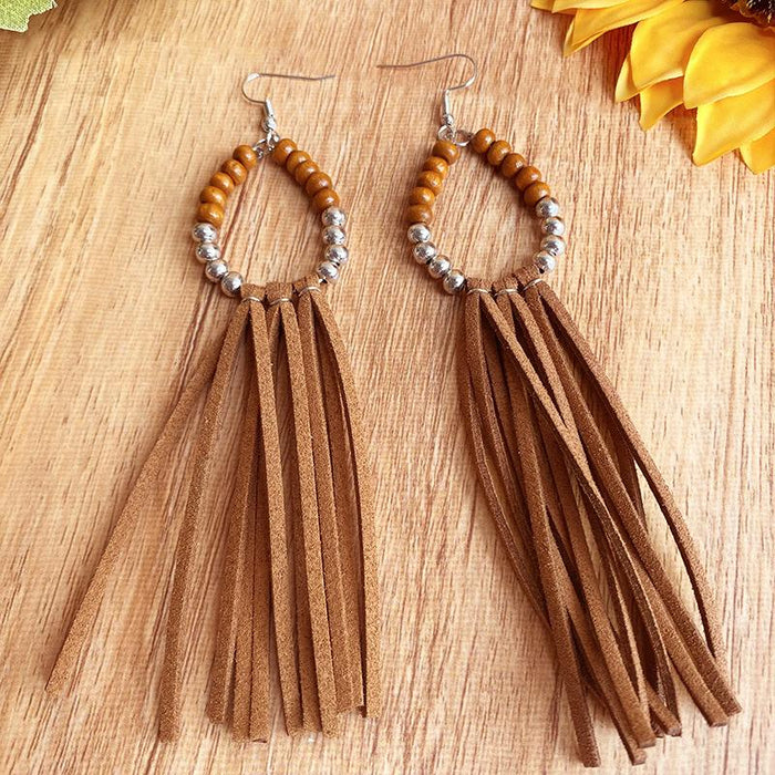 Western Style Pine Stone Bead Leather Large Long Earrings