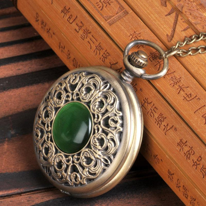 Carved Hollow Flip Emerald Pocket Watch LL3706