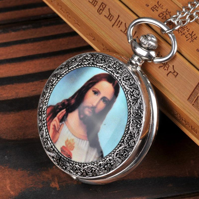 Large Silver Vintage Jesus Pocket Watch Ll3733