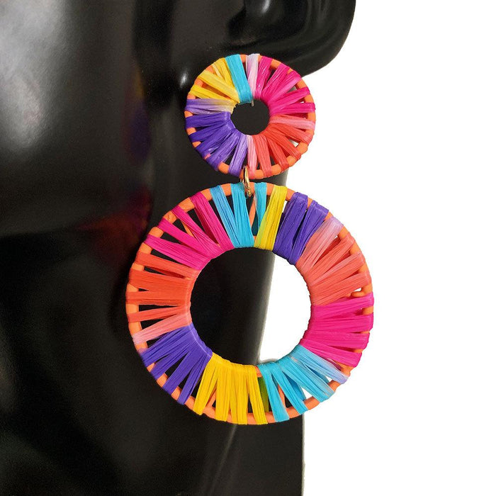 Colorful Lafite Woven Geometric Double Round Earrings Jewelry