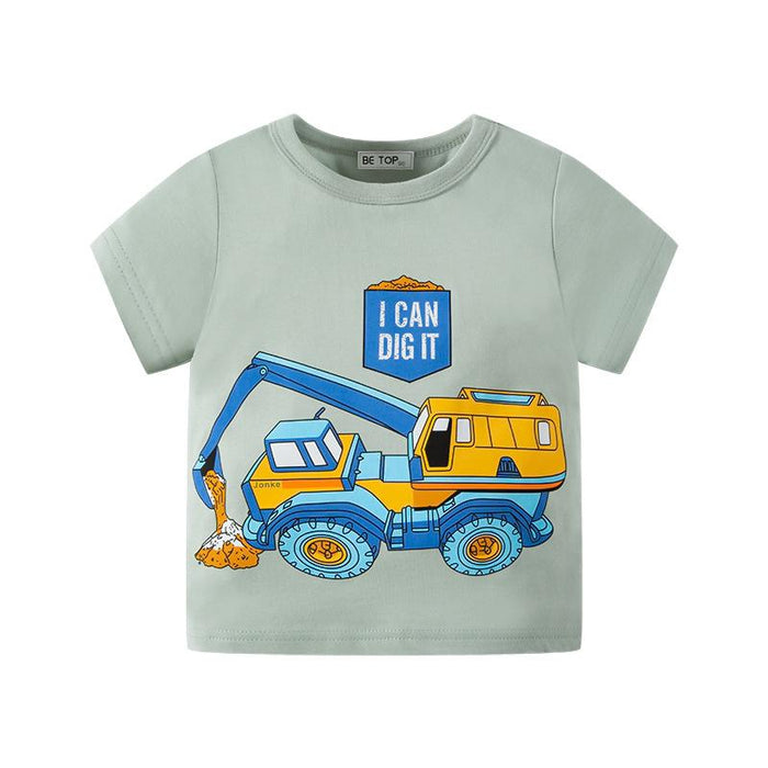 Children cartoon car short sleeve T-shirt excavator print top