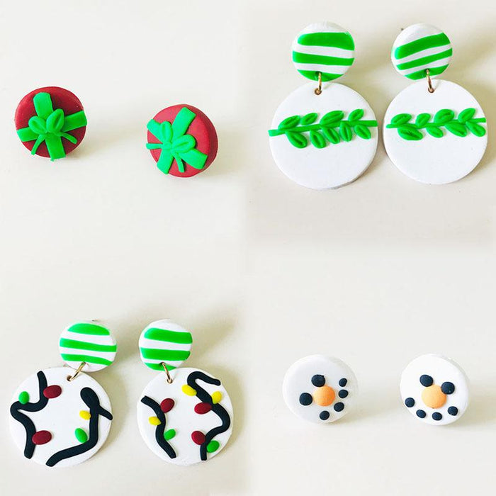 Green Gift Box Snowman Leaf Clay Knot DIY Stud Earrings
