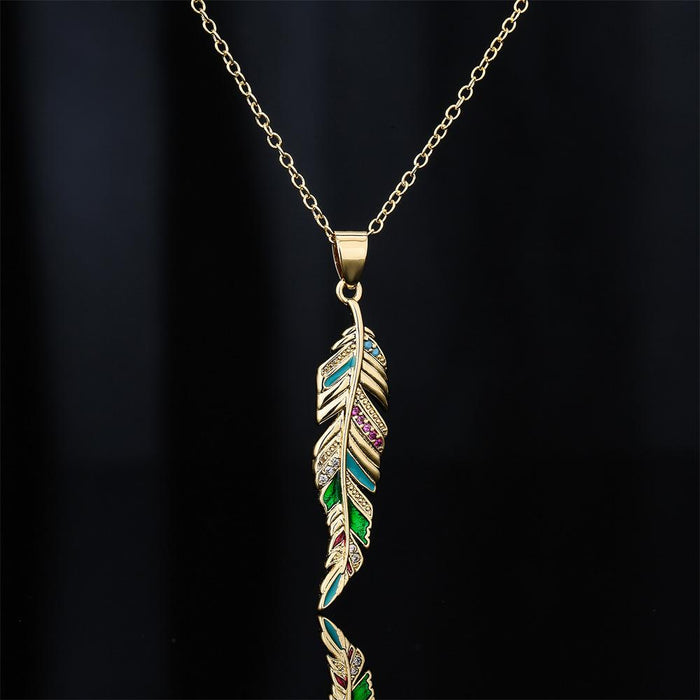 Vintage Boho Oil Dropped Zircon Leaf Pendant Necklace