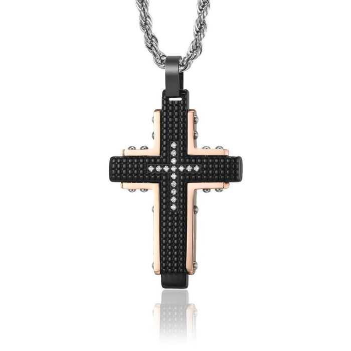 Titanium Steel Checkered Two-color Cross Pendant Necklace