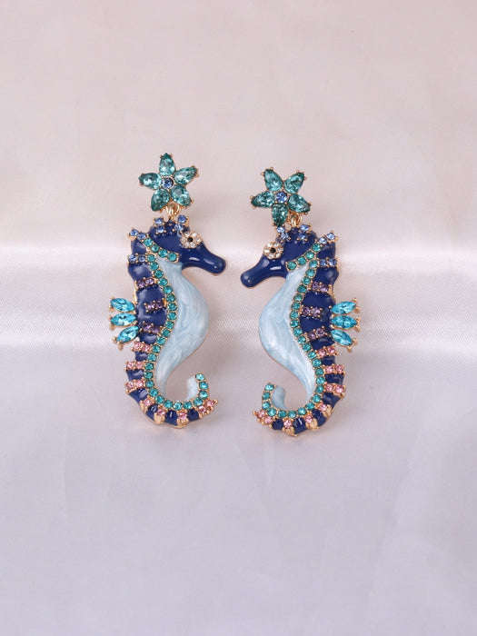 New style personality blue seahorse female Earrings accessories Inlaid Rhinestone