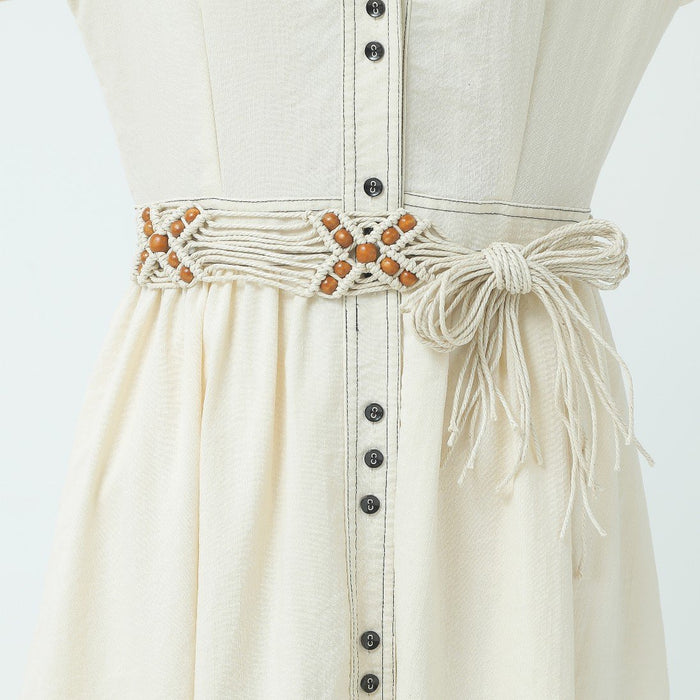 X letter shape woven belt with wooden beads women's clothing belt