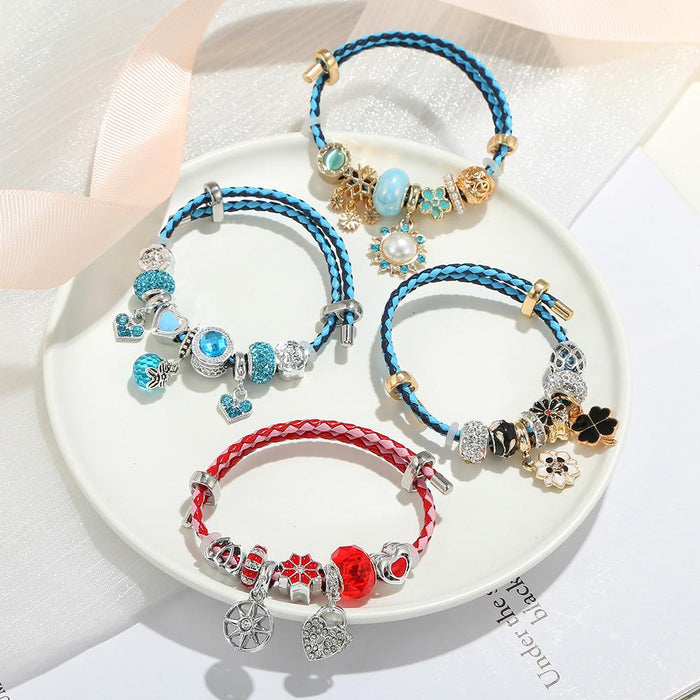 Colorblock Leather Cord Stretch Bracelet DIY Water Drop Pendant