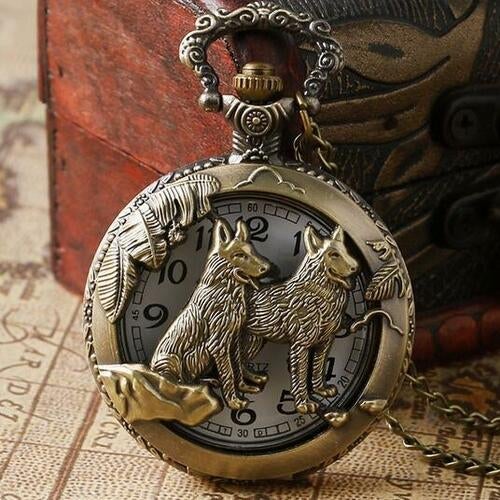 Bronze Wolf Hollow Quartz Pocket Watch