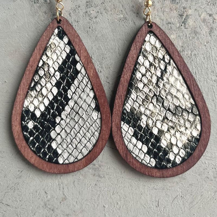 Water Drop Snake Skin Pattern Leather Wood Frame Earrings