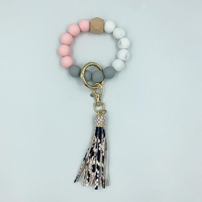 PU Leather Tassel Silicone Bead Bracelet Keychain