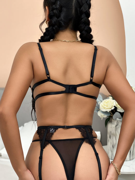 Sexy Eyelashes Lace Underwear Three-piece Set for Women