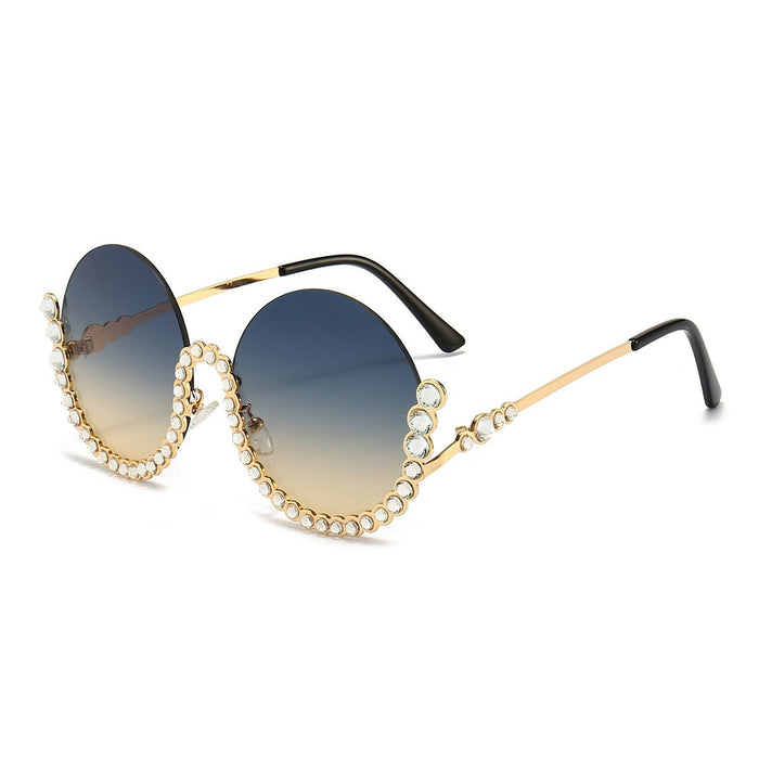 Round half frame metal Rhinestone Sunglasses