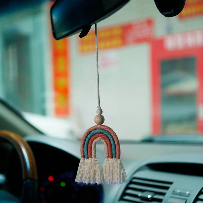 Hand Woven Rainbow Car Pendant Wooden Bead Pendant