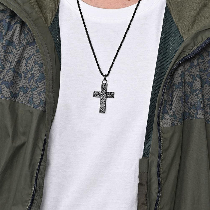 Men's Titanium Steel Hand Hammered Cross Pendant Necklace