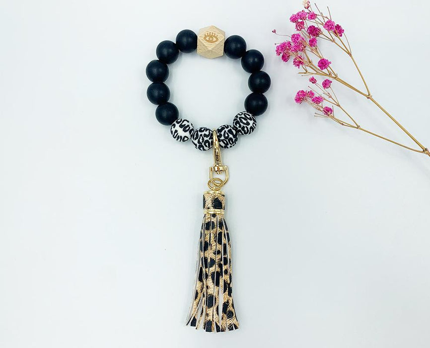 PU Leather Tassel Silicone Bead Bracelet Keychain