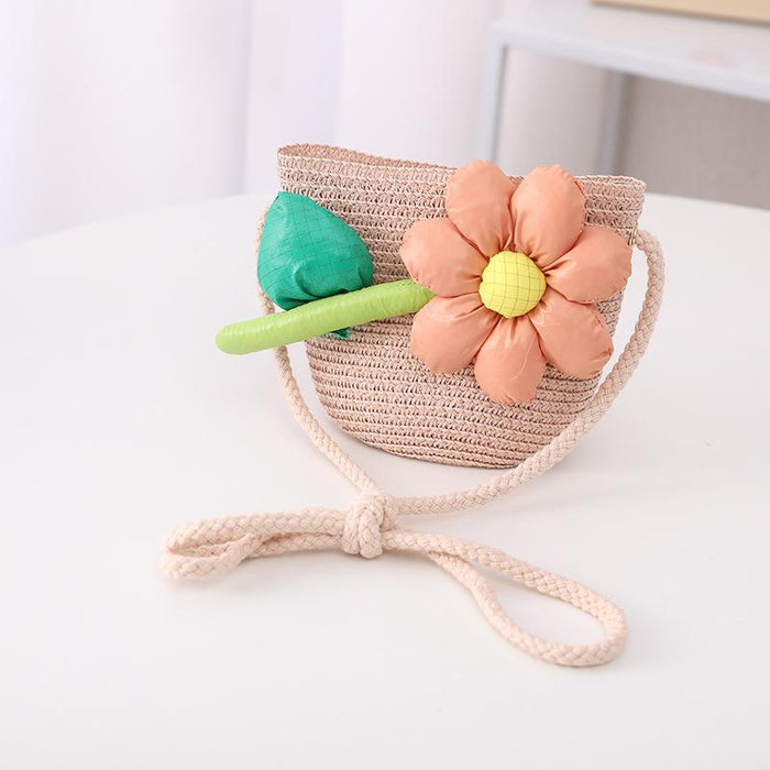 Trendy Three-dimensional Five-petal Flower Children's Wavy Straw Hat Bag Set