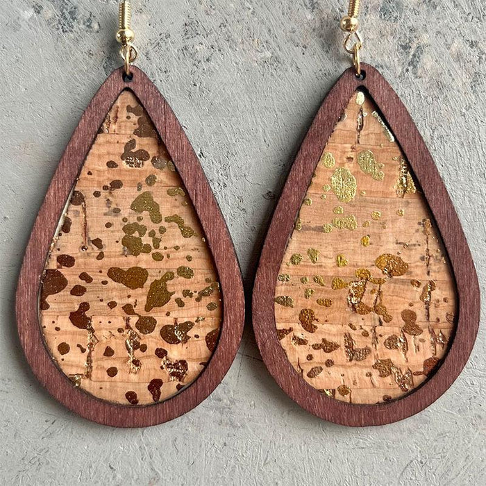 Leather Bark Grain Wood Frame Water Drop Earrings