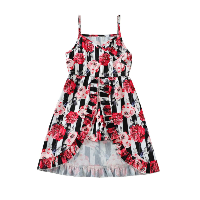 Rose stripe suspender split dress patchwork shorts