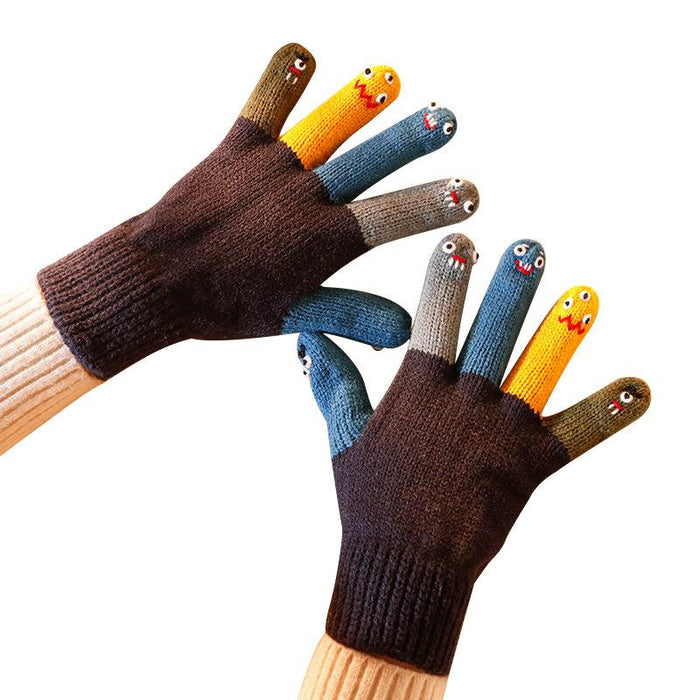 Knitted wool gloves women cute cute cute funny face Japanese autumn and winter touch screen warm five fingers driving cold