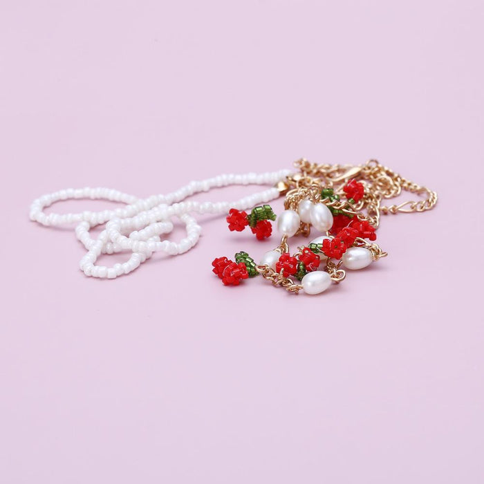 Hand woven rice bead fruit cherry Necklace