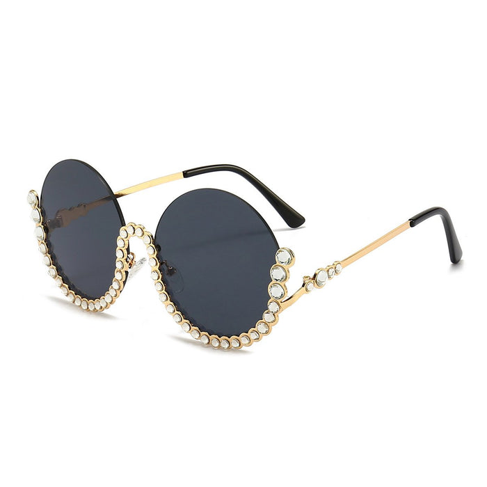 Round half frame metal Rhinestone Sunglasses