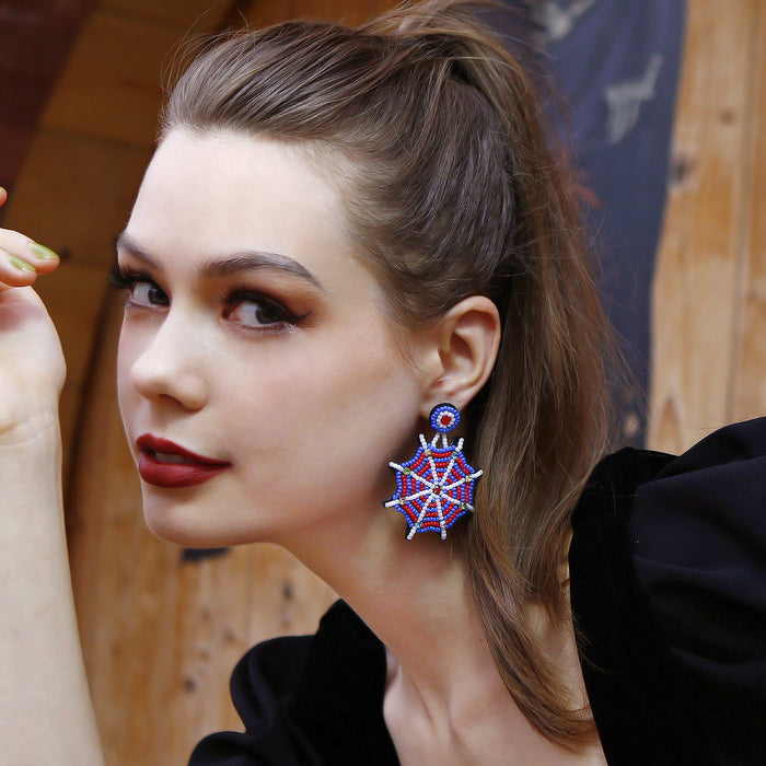 Punk Personality Halloween Earrings Hand Woven Rice Beads Earrings Spider Web Earrings