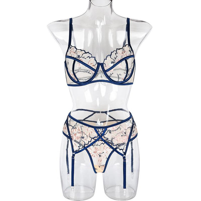 Ladies Embroidered Lace Lingerie Garter Underwear Set