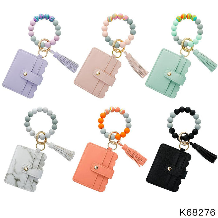Tassel PU Leather Card Holder Silicone Bead Bracelet Keychain