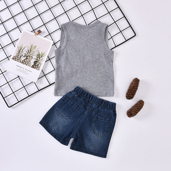 Sleeveless letter top washed hole denim shorts
