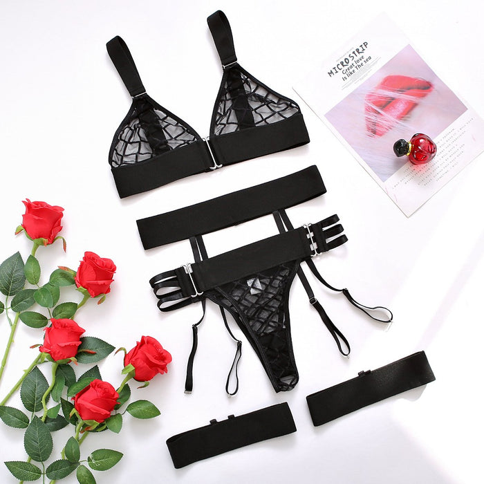 Sexy Women Lingerie Fashion Plaid Mesh Underwear Set