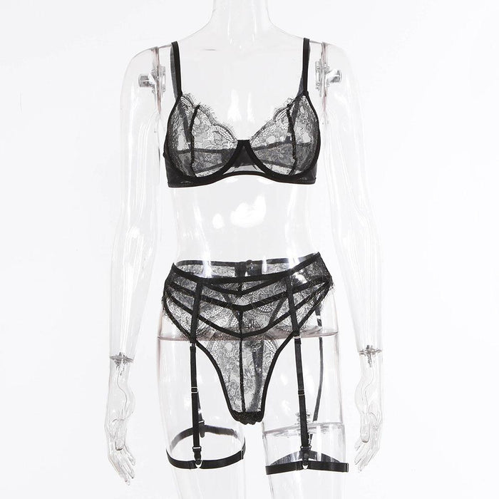 Women's Eyelash Lace Lingerie Sexy Garter Underwear Set