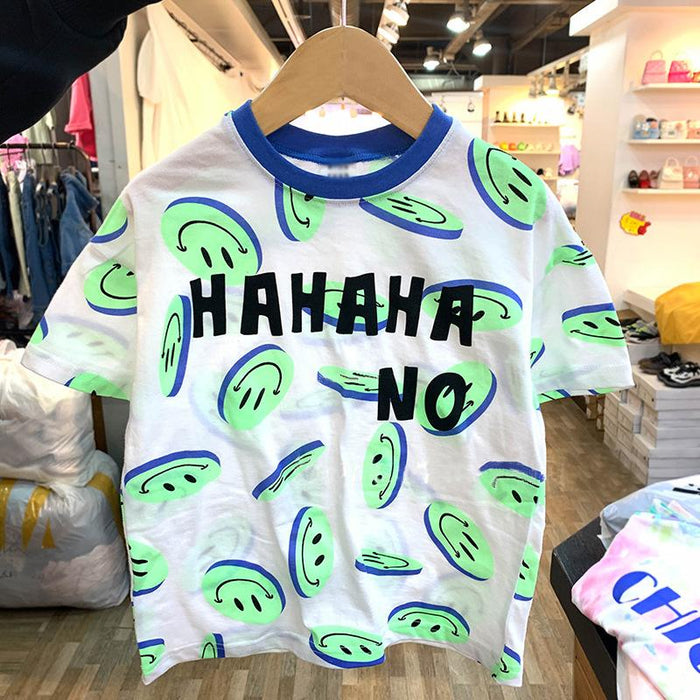 Children's short sleeved smiling face full printed T-shirt 3-8 years old round neck