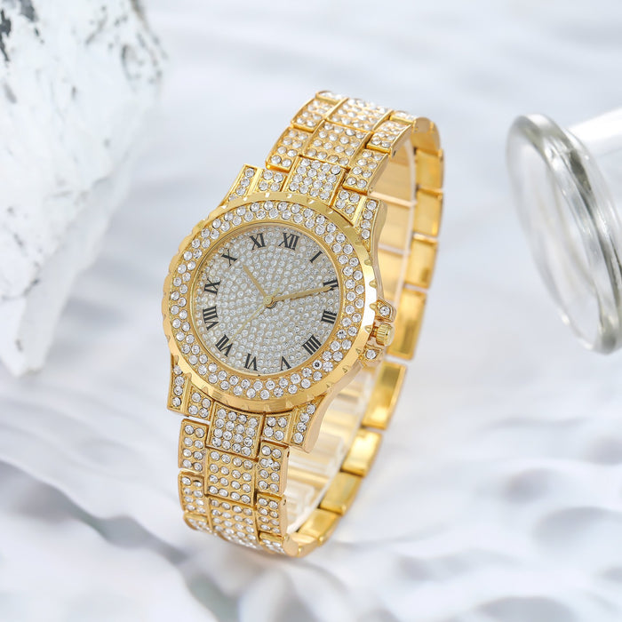 Fashion Casual Full Rhinestone Retro Roman Steel Band Ladies Quartz Watch