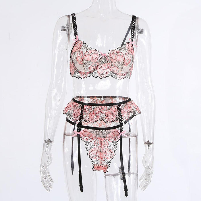 Women's Embroidered Underwear Three Piece Set Sexy Lingerie